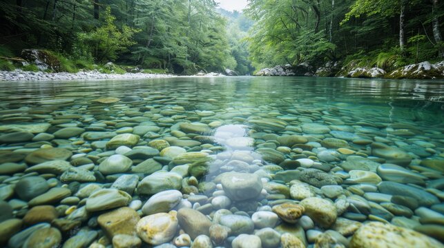 Crystal clear river with smooth rocks visible underwater, surrounded by forest, tranquil and pristine nature scene, ideal for environmental and conservation themes, isolated background.
