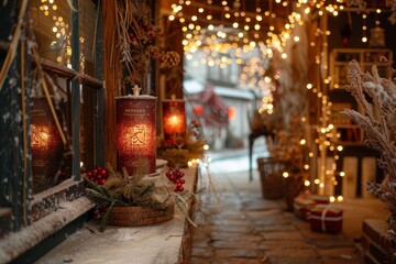 Cozy winter holiday atmosphere with lights and seasonal decorations in an outdoor setting, evoking warmth and celebration