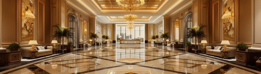 Fototapeta premium Luxury hotel lobby with elegant decor, grand chandelier, and plush seating, opulent and inviting atmosphere, perfect for hospitality and travel themes, isolated background.