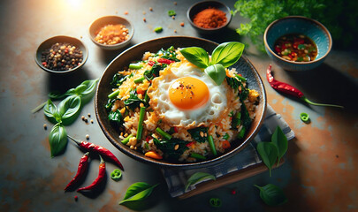 Khao Pad Kra Pao. This beloved street food dish features fragrant jasmine rice stir-fried with...