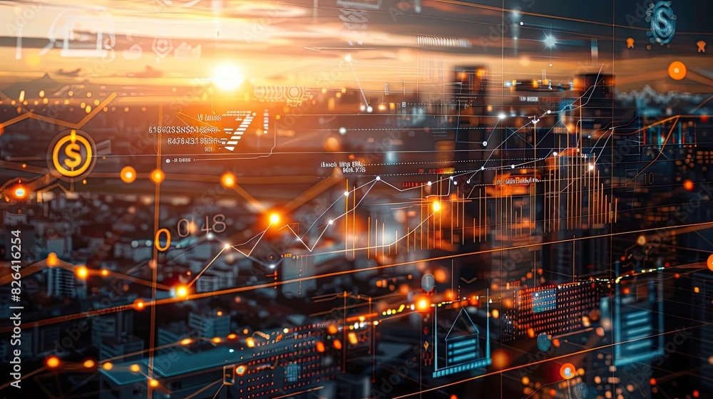 Poster futuristic cityscape with digital financial graph interfaces and technology icons overlay, represent