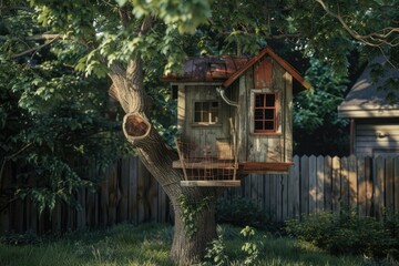 Tree house in the backyard, house in the background, concept of childhood, fun, child.