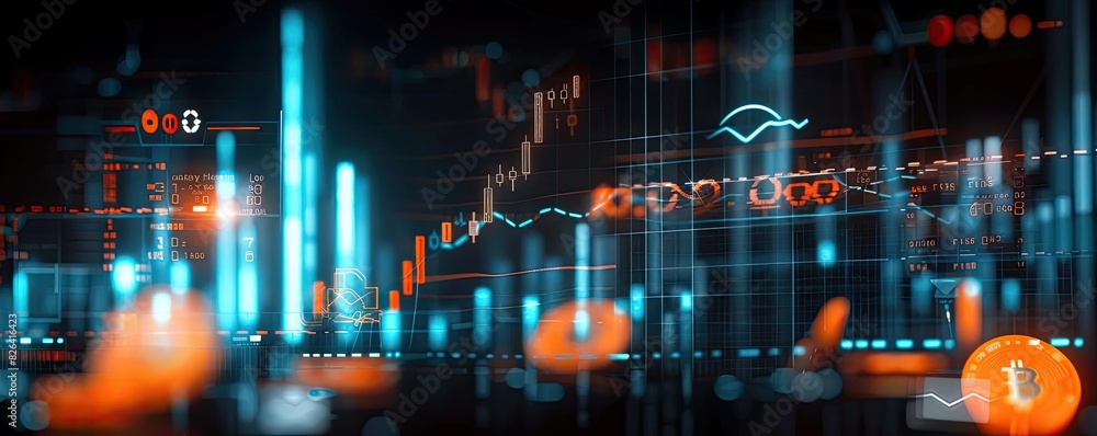 Poster futuristic financial technology concept with digital data visualization, charts, graphs, and algorit