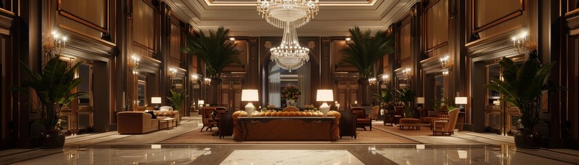 Luxury hotel lobby with elegant decor, grand chandelier, and plush seating, opulent and inviting atmosphere, perfect for hospitality and travel themes, isolated background.