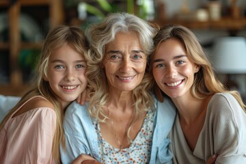 A warm family portrait featuring three generations of women, grandmother, mother, and daughters