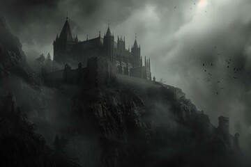 Dark, foreboding gothic castle perched atop a mountain shrouded in mist with birds in flight - Powered by Adobe