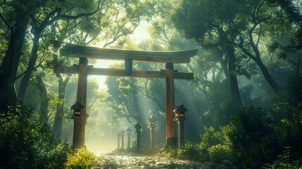 A Shinto shrine set within a forest, featuring the distinctive torii gate at the entrance, with sunlight filtering through the trees.