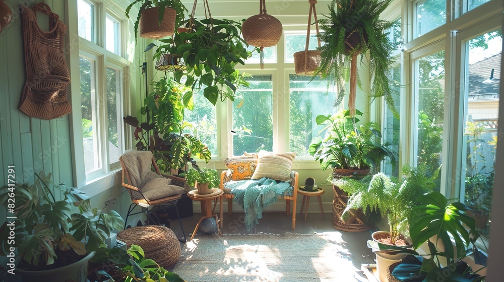 Poster Bright and serene sunroom with lush hanging plants and cozy seating area