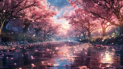 A digital artwork capturing the sakura season, with cherry blossom trees in full bloom lining a river, petals gently floating in the air.