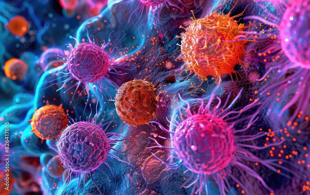 Poster close-up view of colorful cells in a microscopic landscape. vibrant depiction of cellular structures