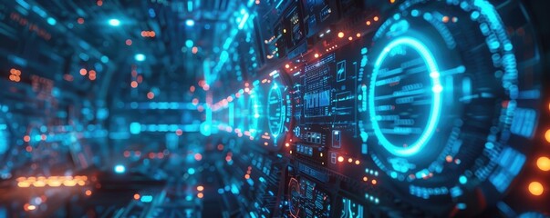 Obraz premium Futuristic data stream with glowing neon elements and digital symbols, showcasing advanced technology and cyber connectivity.