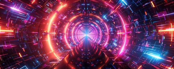 Fototapeta premium Futuristic neon tunnel with vibrant colors and geometric shapes, perfect for technology, sci-fi, or digital backgrounds.