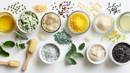 Range of foot care products including scrubs and creams isolated on white background