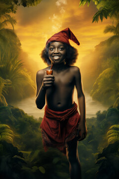 Saci Perere the Brazilian jungle-dwelling folkloric creature. Wears a red cap and smokes a pipe. One leg only. Spins in the tropical forest. Unique entity in the lush fantasy forest. Cute.