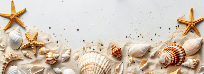 A banner with sand, starfish, and shells on  background with scattered white seashells. Perfect for summer travel and beach themed designs.