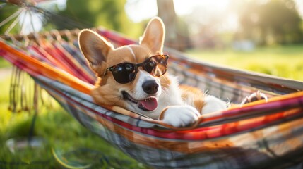 Happy dog wearing sunglasses laying in hammock and sunny day, summer holiday concept
