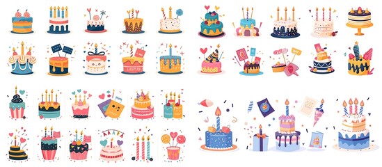 Set of vector illustrations in flat style on white background with cake, candles and happy birthday cards