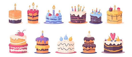 Naklejka premium Set of vector illustrations with birthday cakes isolated on white background, flat design illustration, vector style