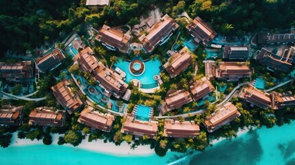 Aerial view of a high-end tropical resort with picturesque villas surrounded by pools and the sea