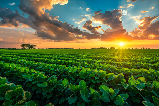 Paisagem de uma planta&ccedil;&atilde;o de soja ao entardecer, sob um c&eacute;u adornado por nuvens intensas