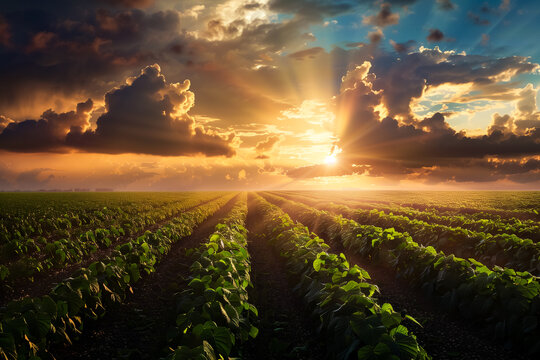 Paisagem de uma planta&ccedil;&atilde;o de soja ao entardecer, sob um c&eacute;u carregado por nuvens intensas de chuva