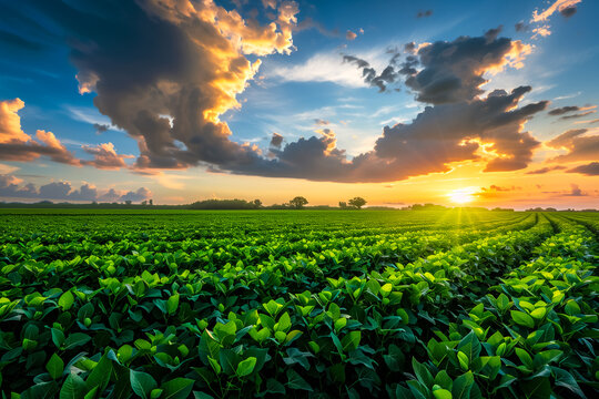 Paisagem de uma vasta planta&ccedil;&atilde;o de soja ao entardecer, sob um c&eacute;u com nuvens 