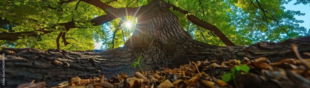 Poster sunlight filters through the leaves of a large tree, creating a natural canopy and highlighting the 