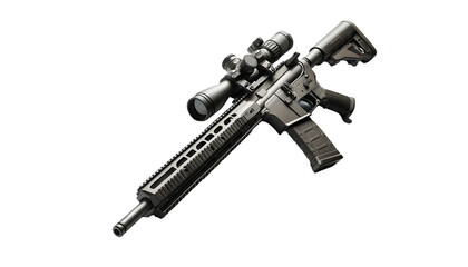 Sniper rifle gun  isolated on a white background. The rifle features a long, precision barrel, a high-powered scope, a sturdy stock, and detailed mechanica