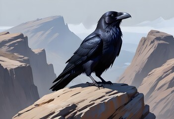 Naklejka premium Digital painting a raven standing on a rocky outcr