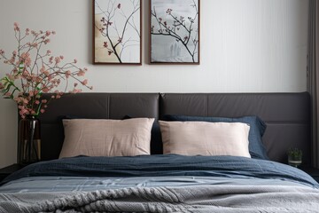 Decorate a decorative frame on the headboard of your bed. The warm color scheme is filled with modern and luxurious design elements, featuring deep maroon wood floors and walls decorated with black co