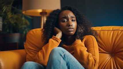 A contemplative young woman sits on a bright yellow sofa, appearing deep in thought or worry within a home setting - Powered by Adobe