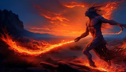 Digital artwork of a mystical fire spirit in a dynamic pose, casting flames against a dramatic sunset backdrop, highlighting fantasy and energy.. AI Generation