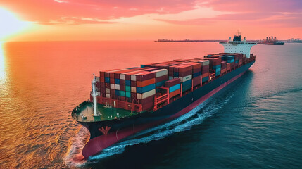 Aerial view of a loaded cargo ship with colorful containers sailing at sunset, showcasing international trade and maritime transport