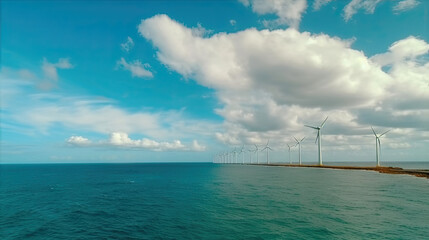 Clean energy concept with a row of wind turbines stretching across the ocean horizon