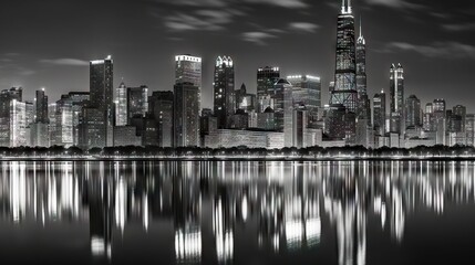 Fototapeta premium A striking black and white city skyline reflecting on water symbolizing urban life