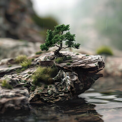 andethereal, detailed, miniature, wood, HD8K, plants and trees on rocks