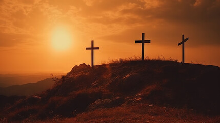 The image depicts three crosses silhouetted against a vibrant sunset sky on a hill, offering a contemplative scene