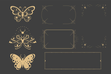 Magic sacred decoration cover, esoteric thin line frames, tattoo gold line border celelstial mystery esoteric decoration with moth or butterfly, sun, stars and moon on dark background.
