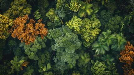 Aerial view of dense tropical forest with diverse foliage colors. Vibrant greenery and lush vegetation create a stunning natural landscape.
