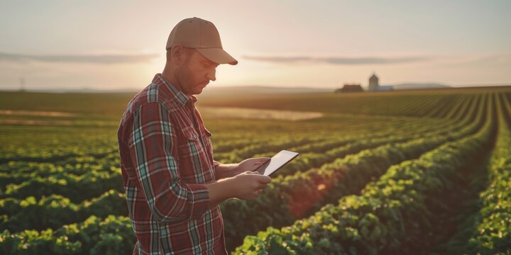 A focused farmer stands in a vast field using a tablet during a picturesque sunset, representing modern agriculture
