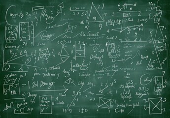 School board with chalk drawing math and chemical formulas, AI generated