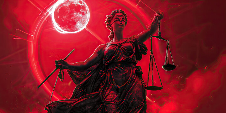 Blind justice red. Holding the scales of balance and the law. 