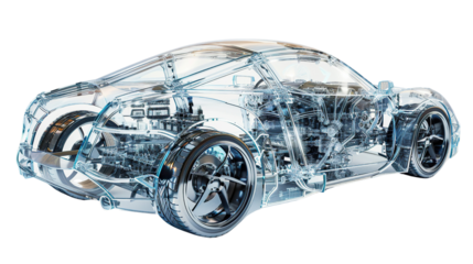 Translucent Robot Cars: Cars with transparent robot structures in a futuristic manner. Makes the interior of the car clearly visible. white background