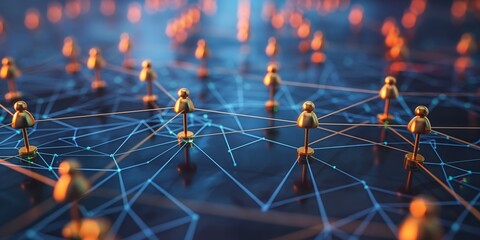 A conceptual 3D render of human figures connected by lines on a digital network, representing social or business connections