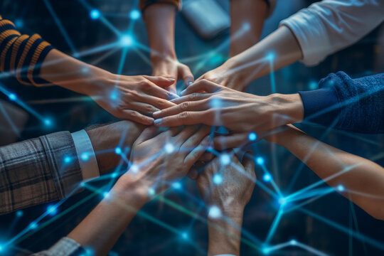 A group of diverse hands coming together with a digital network overlay, signifying unity