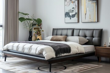 Decorate a decorative frame on the headboard of your bed. The warm color scheme is filled with modern and luxurious design elements, featuring deep maroon wood floors and walls decorated with black co