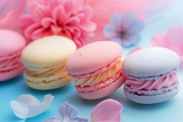 Close-up of French macarons with cream filling, surrounded by delicate flower petals