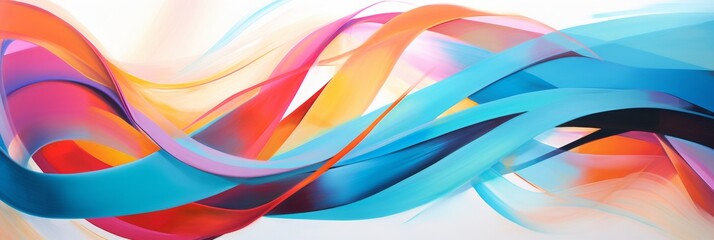 Colorful Painting Of Swirling Ribbons In Blue, Orange, And Pink. Abstract Background