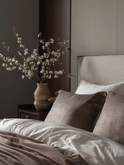 Decorate a decorative frame on the headboard of your bed. The warm color scheme is filled with modern and luxurious design elements, featuring deep maroon wood floors and walls decorated with black co
