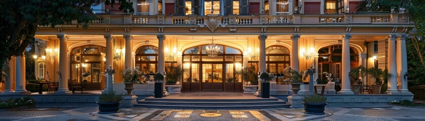 Historic hotel exterior with classic architecture, ornate details, and a grand entrance, timeless and charming atmosphere, perfect for heritage and travel themes, isolated background.